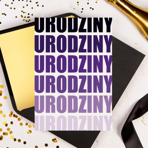 Personalizowana Kartka na urodziny z kolorowym napisem urodziny w fioletowych odcieniach - Purple Theme